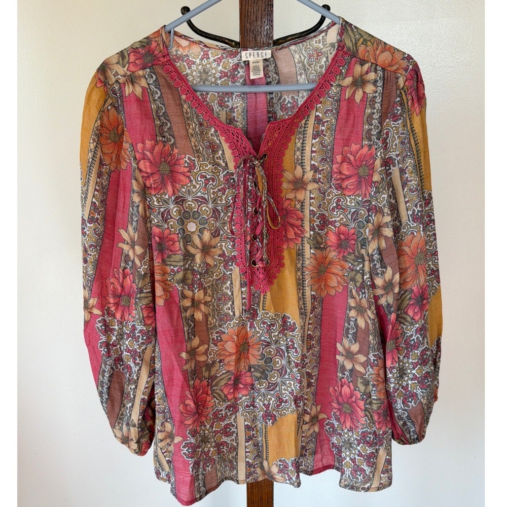 Spense Womens Floral Paisley Lace Up Peasant Blouse Pink Hippie M Creative Boho